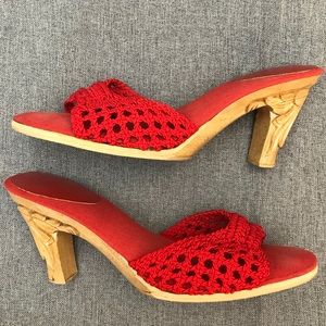 Vintage Karvings Cherry Red Tiki Wood Heels